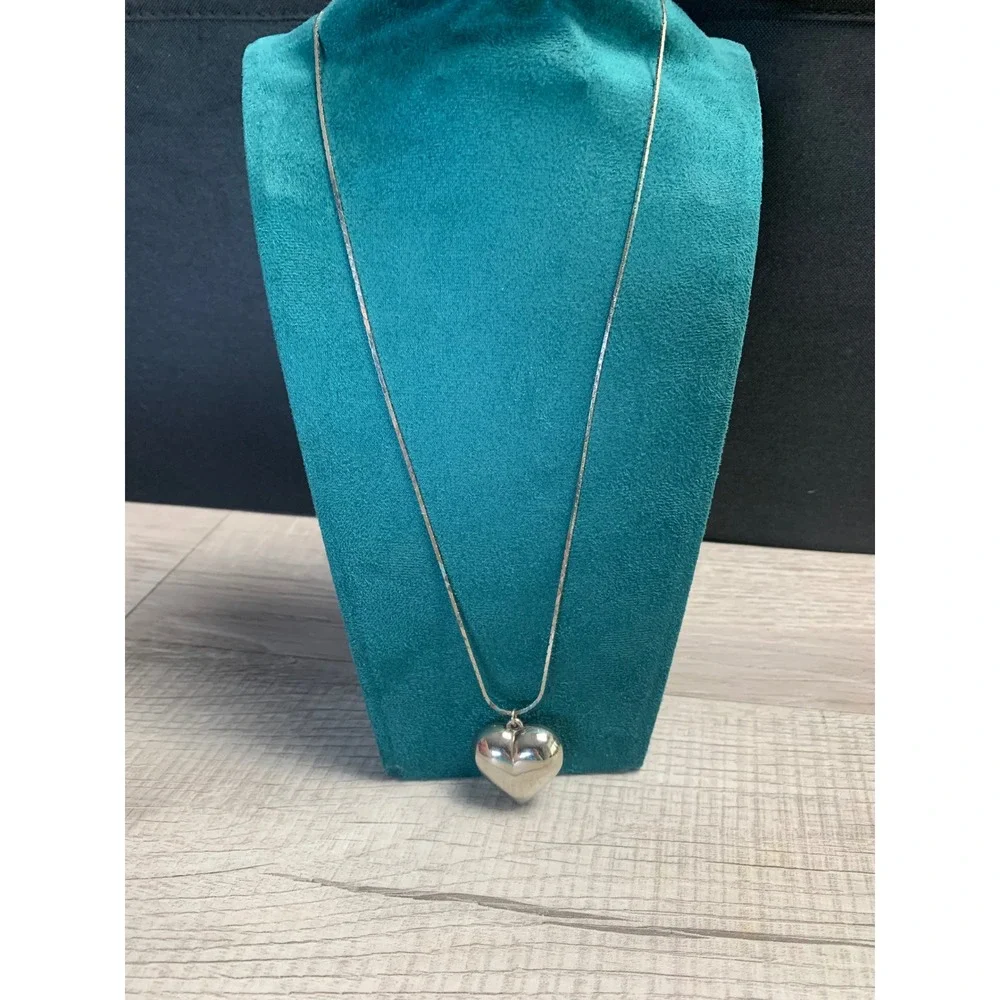 Silver Tone Puffed Heart Pendant Necklace 24 Inch Snake Chain Minimalist Jewelry